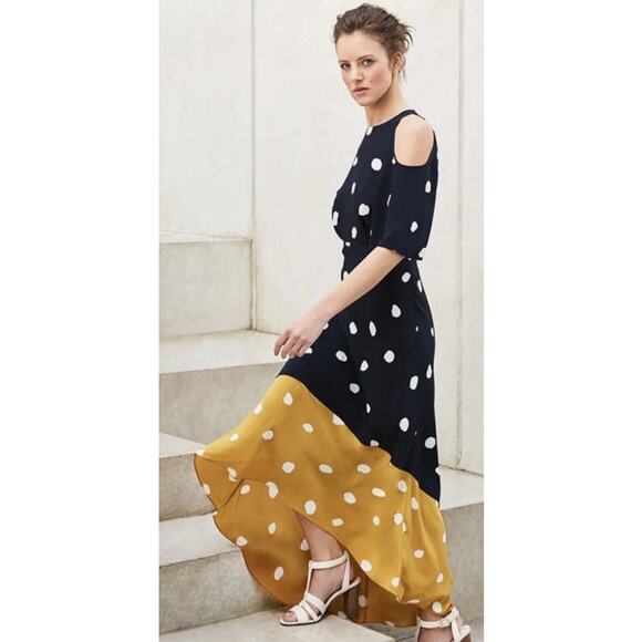 LK Bennett 100% Silk Leia Dress Polka Dot High Low Color Block Midi Maxi Blue - Picture 1 of 12